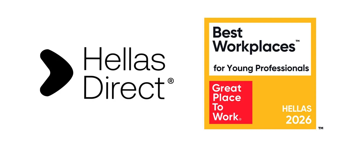Λογότυπο Hellas Direct και σήμα "Best Workplaces for Young Professionals 2026", Great Place to Work Hellas.