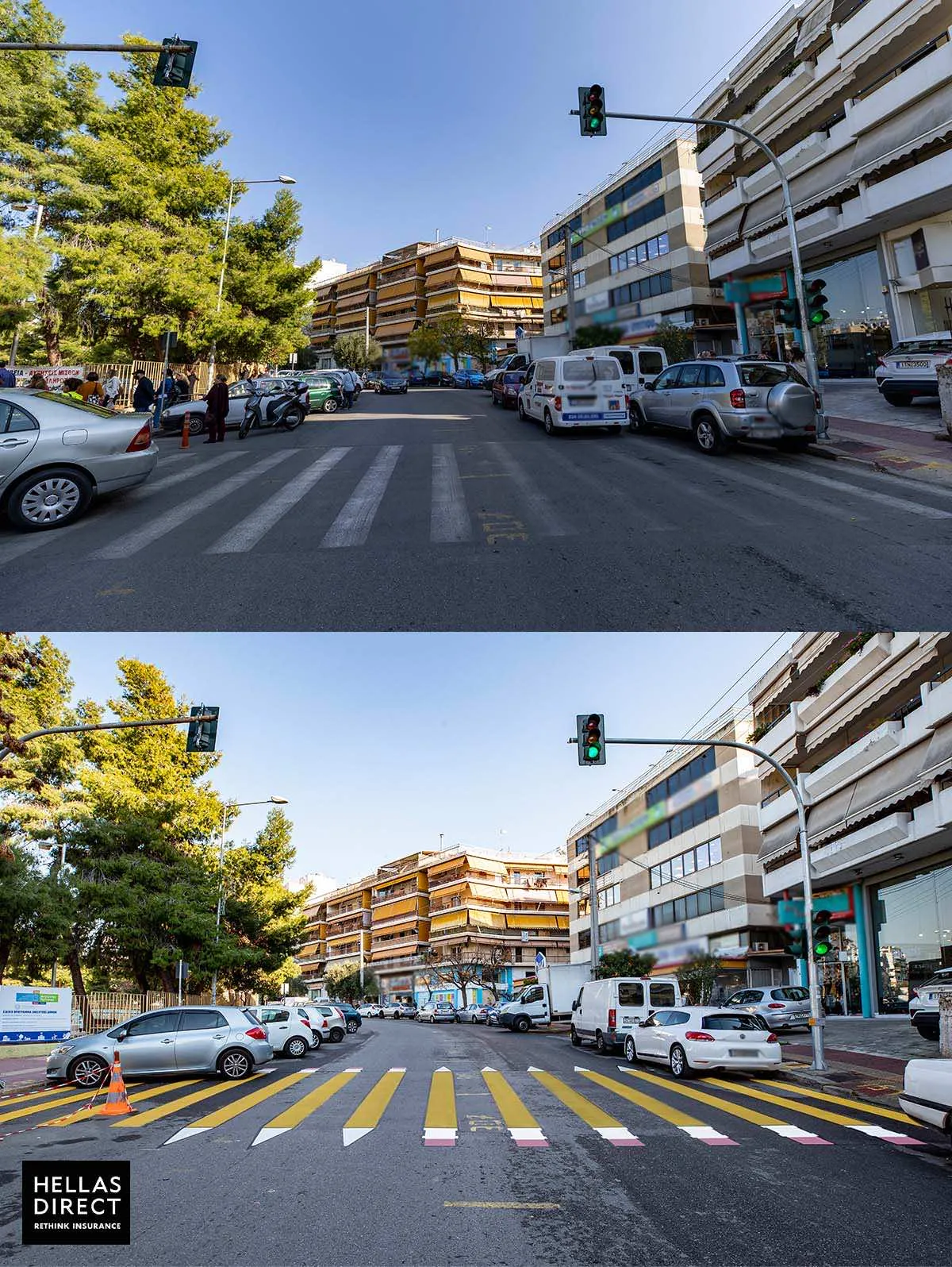Δρόμος έξω από σχολείο, στην άσφαλτο διάβαση με κίτρινα μολύβια αντί για λευκές γραμμές